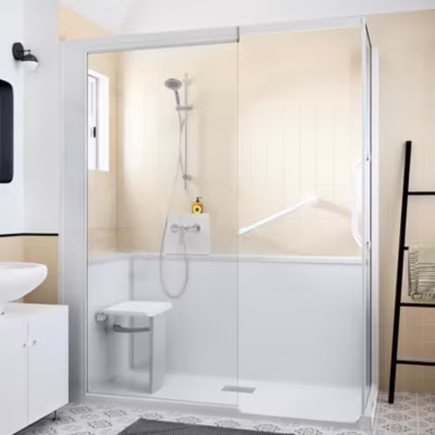 Cabine de douche d&rsquo;angle KINEDO KINEMAGIC SERENITE 100×70 habillage mixte 1 coulissant verre transparent avec mitigeur