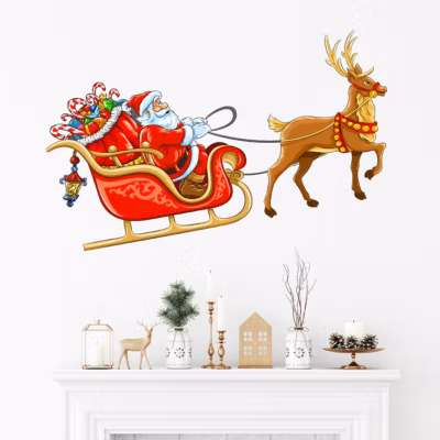 Sticker Noël le Père Noël sur son traineau – Autocollants stickers adhésifs noël – décoration fêtes – 100x200cm