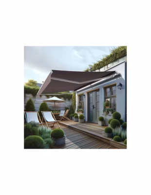 Store banne monobloc MEILE 4,80 x 3,00m (Motorisé à télécommande + manœuvre de secours – Taupe – Blanc)