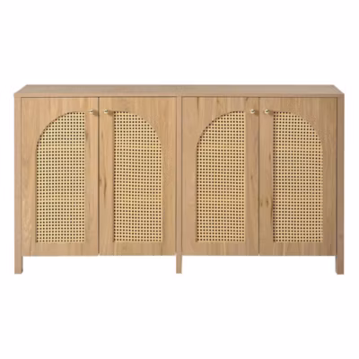 Buffet Minimaliste 4 Portes Rotin Métal Bois Naturel Blackcolors