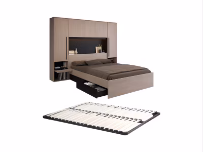 Lit pont 160 x 200 cm avec rangements – Avec LEDs – Coloris : Naturel et noir + Sommier – VELONA