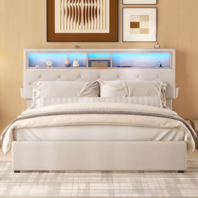 Lit avec Rangement 140×200 cm – Lit Double LED avec 4 Tiroirs et Tête de Lit avec USB – Lin + MDF + Bois – Sans Matelas – Beige