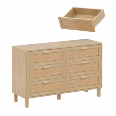 Buffet et commode élégants en bois naturel avec six tiroirs, armoire de chambre avec rangement spacieux et tiroirs effet rotin