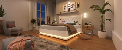 Canapé-lit 180×200 cm avec rangement hydraulique, port USB Type-C et LED 3 côtés en PU blanc