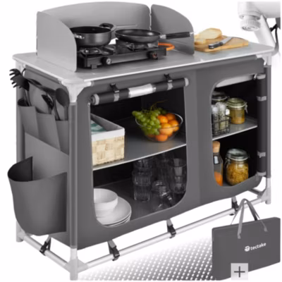 Cuisine de camping de luxe avec structure en aluminium et 4 compartiments pliable gris