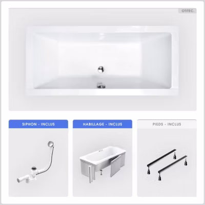 Baignoire rectangulaire – 180 x 80 cm – avec Habillage – Pieds – Vidage Chrome – QUADRO SLIM