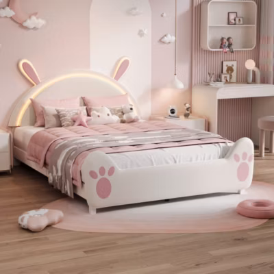 Lit enfant 140×200 cm avec tête de lit lapin, lit double avec LED, décor tissu DIY, design ludique et rassurant, blanc cassé