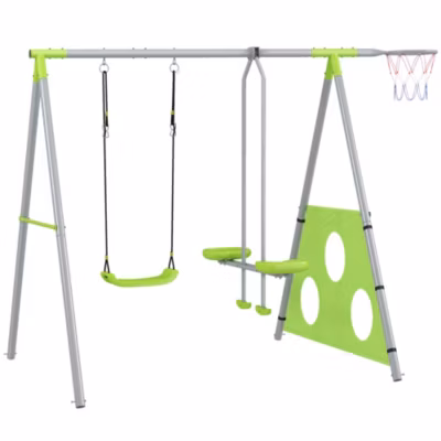 Portique balançoire enfant 4 en 1 – face à face, balançoire, panier basket-ball, cible football – acier gris vert pomme