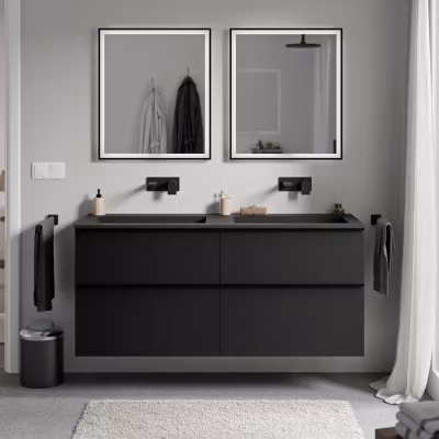 Meuble vasque suspendu MDF Noir mat, lavabo fonte Noir mat sans trou robinet, poignée Chrome – 140x46x62cm – LAVOA