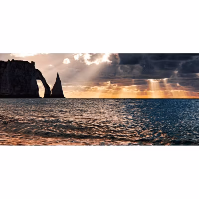 Tableau sur verre synthétique éclaircie sur etretat 65×145 cm Fabriqué en France