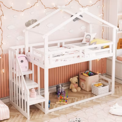 Lit 90×200 cm maison avec étagères de rangement intégrées, garde-corps 29 cm et structure en bois massif