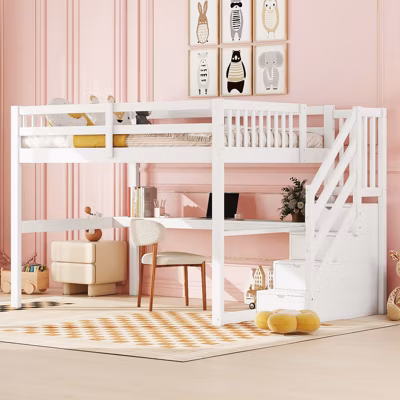 Lit mezzanine 140×200 cm blanc avec tiroirs de rangement et bureau intégré sous le lit pour enfant