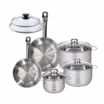 Batterie de cuisine avec 2 poêles 20/24 cm et 3 faitouts 16/20/24 cm sans PFAS Fackelmann Eterna Brillant avec couvercles