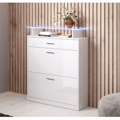 Meuble à chaussures LED – Mélamine brillant – Blanc – 105x89x24 cm