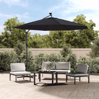 Parasol Déporté – VIDAXL – 300 cm – LED Solaire – Acier – Noir