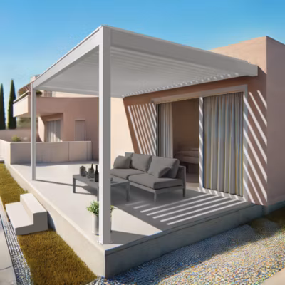 Pergola bioclimatique Xenon perpendiculaire (Vérin à Télécommande – Blanc – 3,584 x 3,00m)