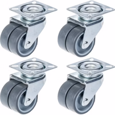 Roulettes doubles de 50 mm (2 pouces) à bandage caoutchouc gris, pivotantes, capacité de charge de 280 kg, lot de 4
