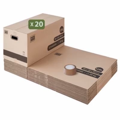 Pack and Move – Lot 20 cartons déménagement XL – 80 x 40 x 40 cm – Poignées renforcées – 1 adhésif offert