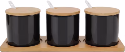 Ensemble 3 Pots à Épices Céramique Noirs avec Cuillère