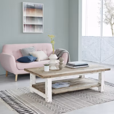 Table basse en bois recyclé massif 140 cm double plateau