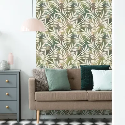 Papier peint intissé pré-encollé – TROPICAL NUANCES DE VERT ET FEUILLES BEIGES – 1 rouleau de 300x60cm
