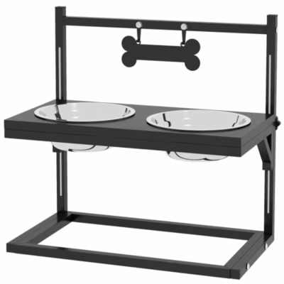 Gamelle double chien porte-gamelles surélevé hauteur réglable 2 gamelles acier inox. incluses métal noir