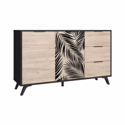 PARELLA – Buffet 2 Portes 3 Tiroirs Effet Chêne Motif Feuilles de Palmier Noir