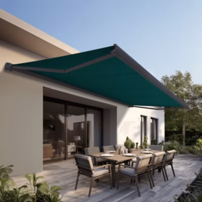 Store banne Coffre intégral PROTECT 2 LED Gris Anthracite 5×3,5m Motorisé à télécommande + Eclairage LED – Toile Verte