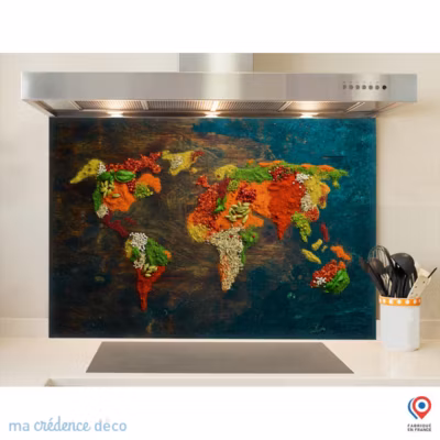 Crédence cuisine fond de hotte Epices et carte du monde 1 – Alu composite – L 90 cm x H 50 cm – MaCrédenceDéco
