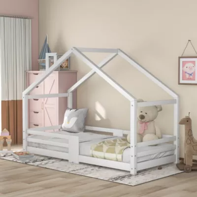 Lit Enfant 90×200 cm – Lit Cabane avec Cheminée Antichute – Bois de Pin – Sans Matelas – Blanc