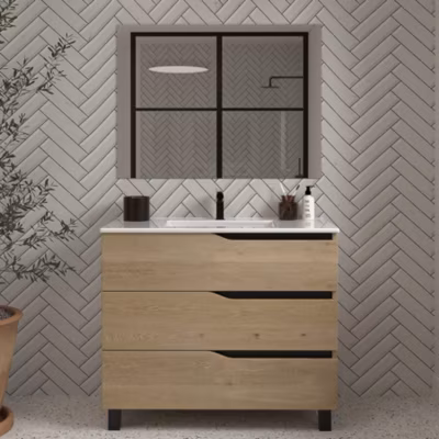 Meuble sous vasque seul, 3 tiroirs, 90cm, simple vasque – madera miel (chêne clair) – MATA