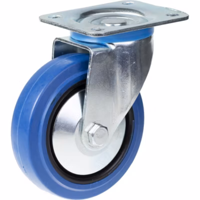 Roulette pivotante de 125 mm avec bande élastique bleue sur une roue centrale en nylon