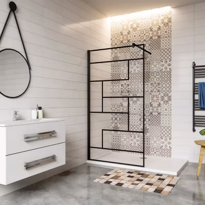 Paroi de douche à l&rsquo;italienne – 8mm verre anticalcaire – 70x200cm – barre de fixation noir 90cm – Walk In verrière atelier