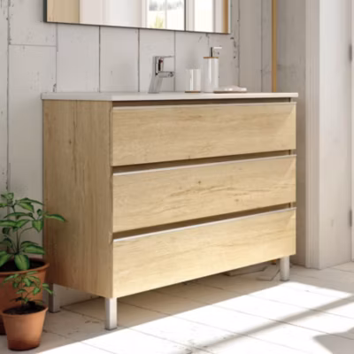 Meuble sous vasque seul, 3 tiroirs, 80cm, simple vasque – bambou (chêne clair) – PALMA