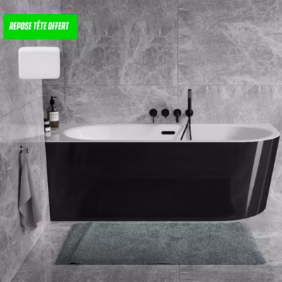 Baignoire d&rsquo;angle Noir et Blanc + Siphon Doré et Vidage inclus + Repose tête  –  AVITA S CLASSE – GAUCHE – 150 x 75 cm
