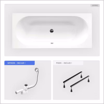Baignoire rectangulaire – 160 x 75 cm – sans Habillage – avec Pieds – Vidage Chrome – VITAE
