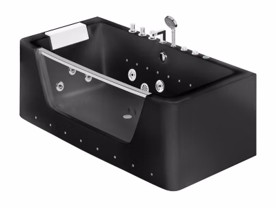 Baignoire balnéo vitrée semi îlot à leds – 170 x 85 x 58 cm – Noir brillant – 1 place – 260 L – DYONA