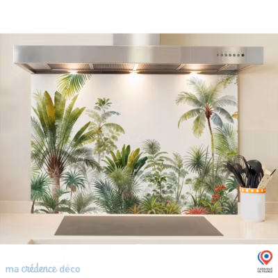 Crédence cuisine fond de hotte fresque tropicale et palmiers, Aquarelle – Verre trempé – L 70 cm x H 60 cm – MaCrédenceDéco