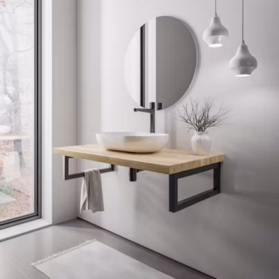 Plan de toilette sous vasque chêne massif 100x52x18cm (LxPxH) + 2 portes serviette Noir mat – PUREWOOD
