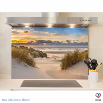 Crédence cuisine fond de hotte Dunes et soleil 2 – Verre trempé – L 90 cm x H 60 cm – MaCrédenceDéco