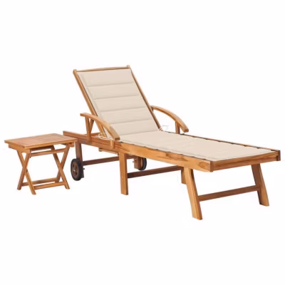 vidaXL Chaise longue avec table et coussin Bois de teck solide 3063023