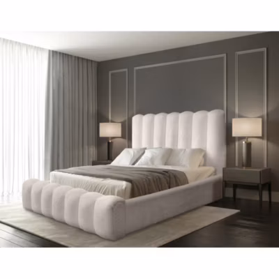 Lit coffre BADJA Tissu bouclé Ivoire rosé  140×200 cm  Sommier relevable  Design haut de gamme