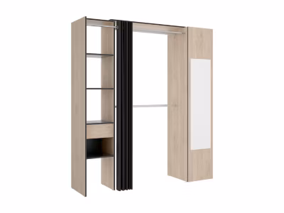 Dressing avec rideau et 1 porte – Avec miroir – L177 cm – Coloris : Naturel et anthracite – BERTRAND