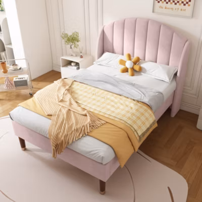 Lit Simple 90×200 cm – Lit Rembourré ado – Velours – Sans Matelas – Rose