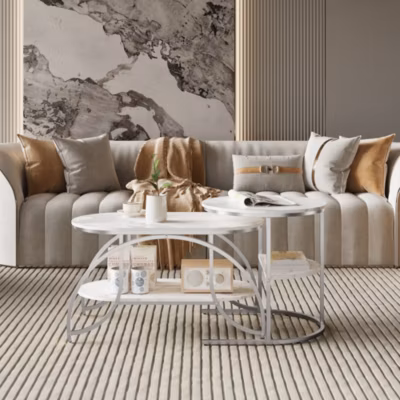 Table basse carrée en marbre blanc avec structure en métal argenté – design moderne, stable et polyvalent
