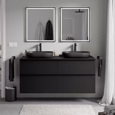 Meuble sous vasque suspendu MDF Noir mat, plan vasque Noir mat, poignée Chrome – 140x46x62cm – LAVOA