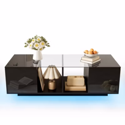 Table Basse Moderne Noire Avec Éclairage LED – Plateau Brillant – Dimensions 120x50x38.5 Cm