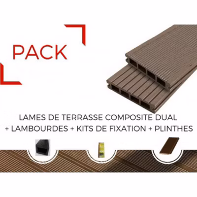 PACK 10m² lame de terrasse composite Dual + ACCESSOIRES 2400mm Chocolat, ep.25mm, l.14 cm, L.240 cm