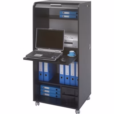 Bureau informatique – Noir – Contemporain – Rideau coulissant – 2 tiroirs