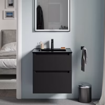Meuble vasque suspendu MDF Noir mat 60x46x62cm, lavabos Noir + Bonde pop-up & trou robinet – VIREO 60